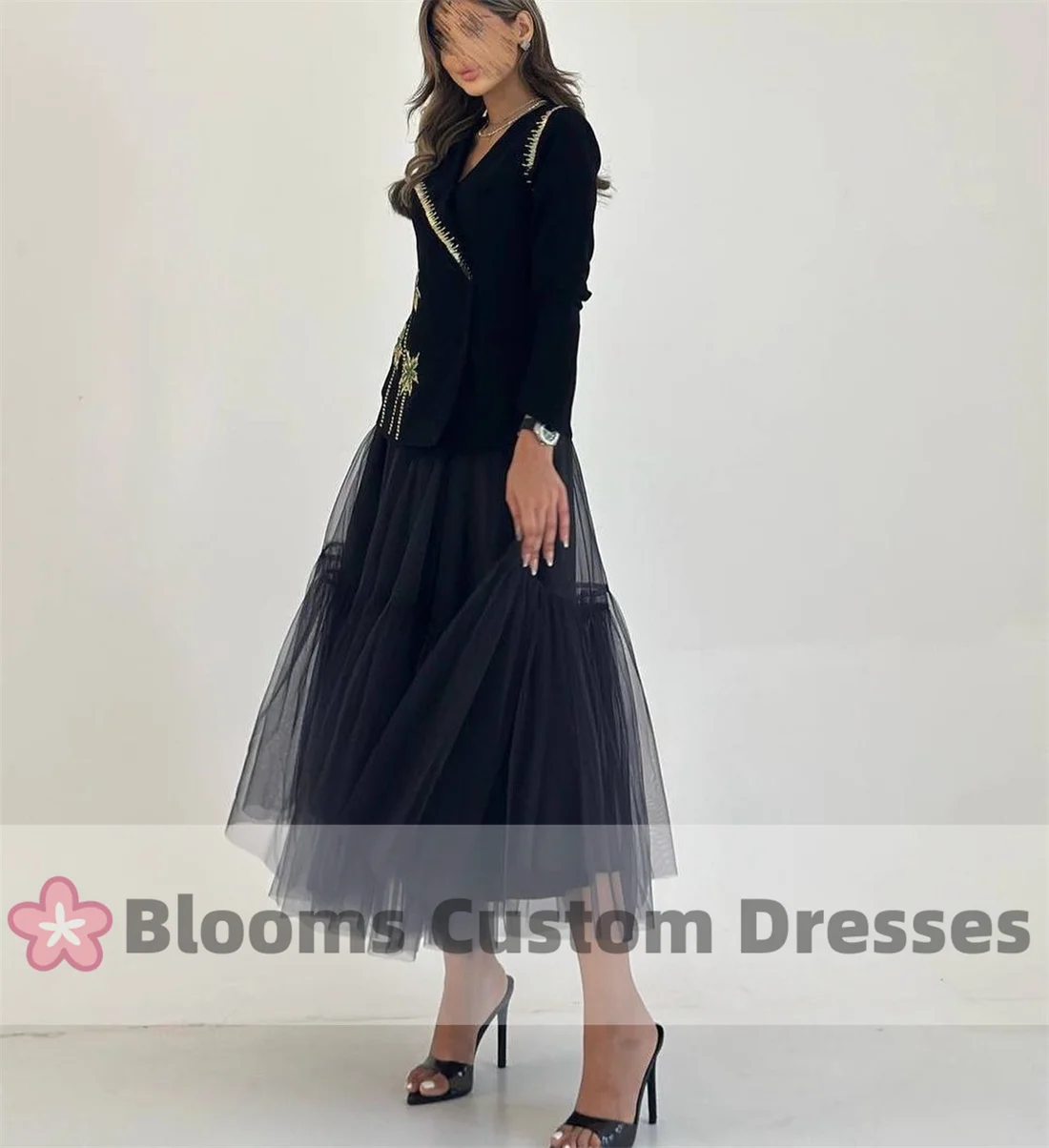 Blooms Customized Black Crepe Tulle A-Line Evening Dresses Beaded Coconut Tree Long Sleeves Formal Occasion Party Dress For Prom