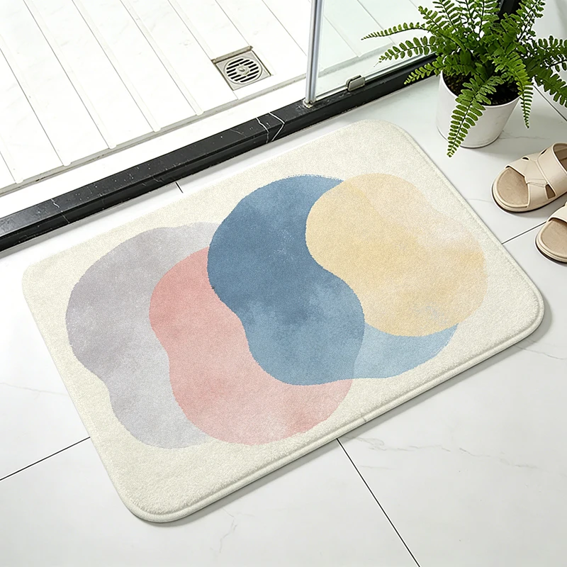 Aesthetic Morandi Flannel Bath Mat,Abstract Watercolor Non-Slip Bathroom Rug,Soft Absorbent Shower Mat for Minimalist Home Decor