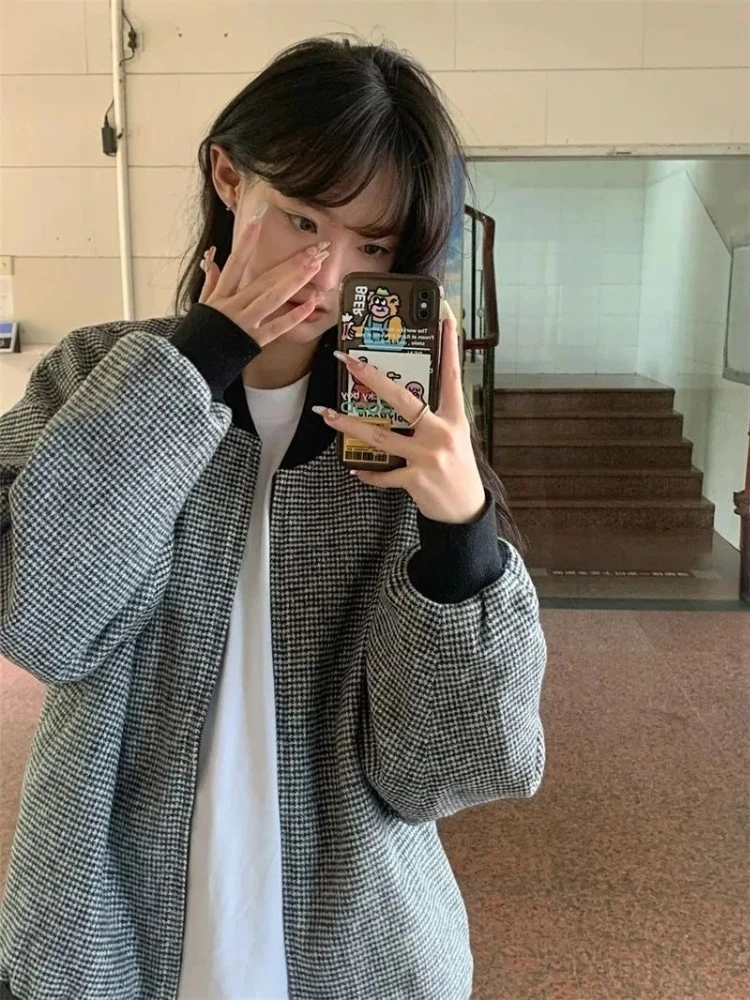 2026 Spring Autumn Women Houndstooth Baseball Korean Loose Retro Streetwear Chic Casual Bomber Coat