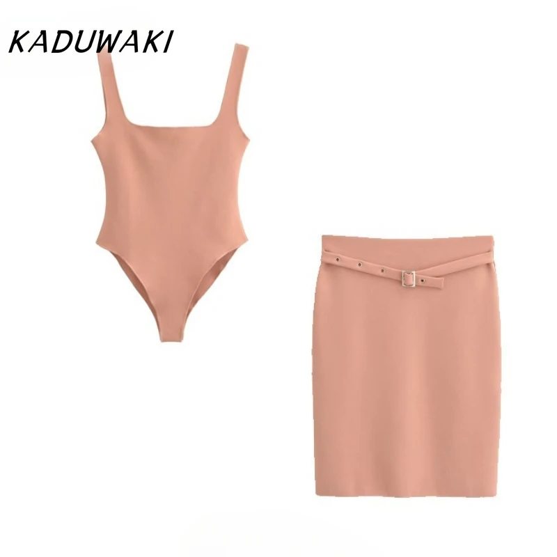 

KADUWAKI Retro Knitted Top Chic Women Solid Suit Sleeveless Slim Top Sashes Short Miniskirt New Fashion Loose Office Lady Sets