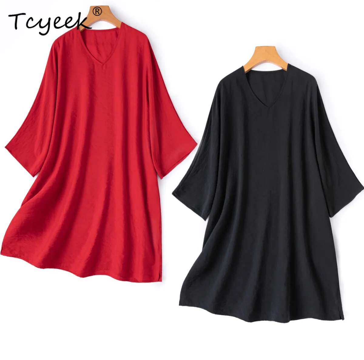 Tcyeek 76% Mulberry Silk T-Shirt Elegant T-shirts for Women Clothing Dysilk Mid-length Summer Tees Soild Loose Fit Womens Tops