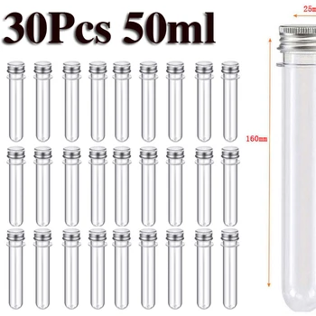 30pcs Lab 50ml PET Test Tube Bottle Transparent Cylindrical Plastic Mask Tube Refillable Bottle for Sugar Data Line 25*160mm