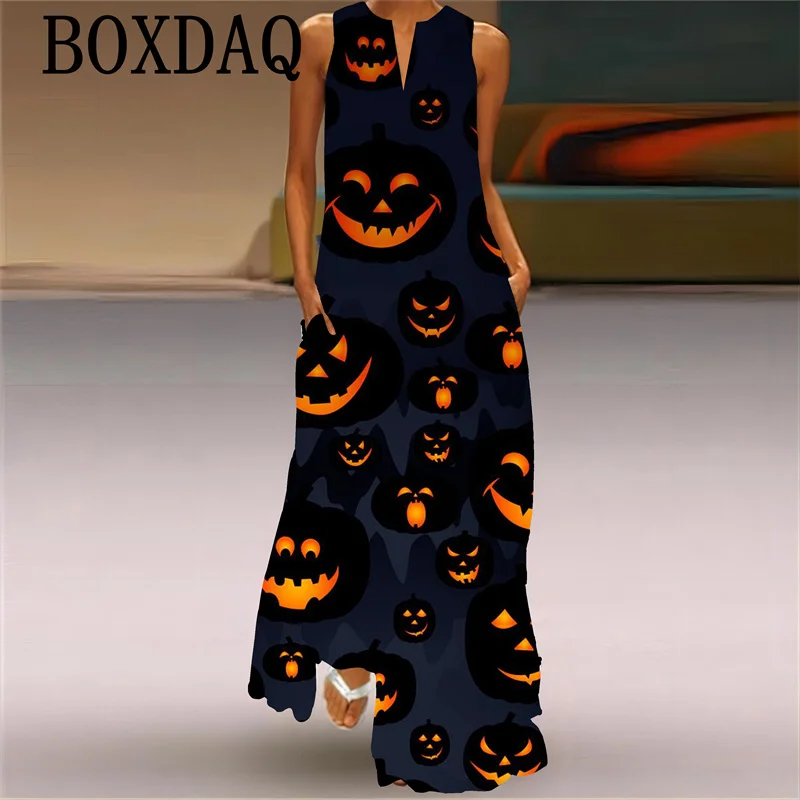 

Y2K Retro Dress Women Casual Loose Long Dress Vintage Sleeveless Cartoon Print Pocket Dress Elegant Robe Women Halloween Costume