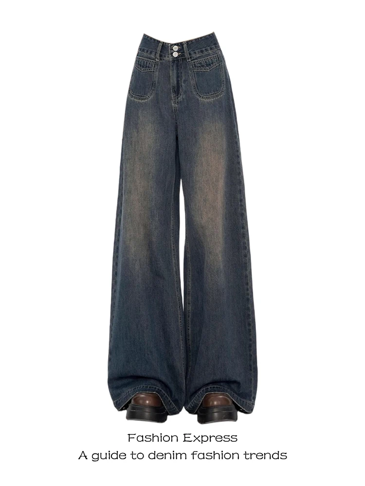 Retro High-Waist Weite Jeans für Damen in Übergröße, Schlankmachende Hose, Lose Bodenlange Hose in Zement-Optik