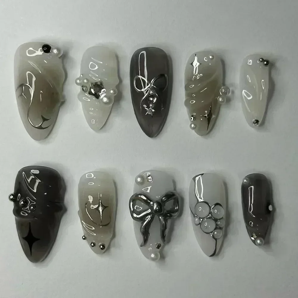 24Pcs False Nails Spicy Girl Silver Bow with Diamond Fake Nails with Glue Almond Press on Nails Black Cool Y2k Almond Nail Set