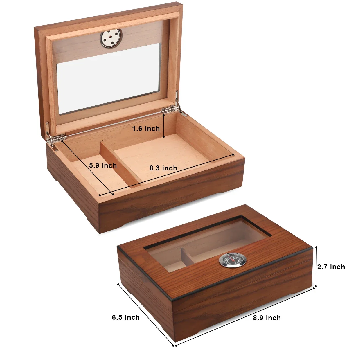 Cigar Humidor Box W/ Hygrometer Humidifier Portable Smoking  Accessories Glass Window Cigarette Cedar Wood Case