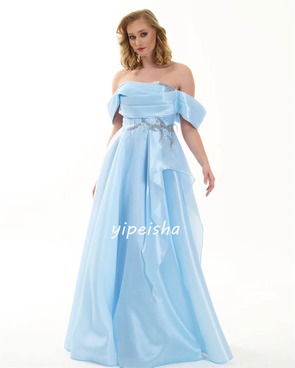 Customized Satin Applique Sequined Valentine\'s Day A-line Off-the-shoulder Bespoke Occasion Gown Long Dresses