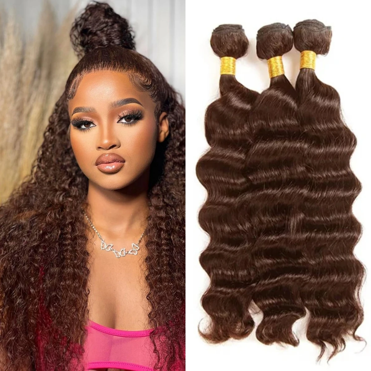 10A Deep Wave Bundles Human Hair 4# Chocolate Brown Curly Human Hair Bundles Brazilian Hair Weave 1/3/4 Pcs Bundles For Women