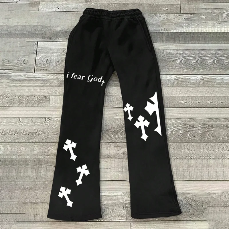 2026 New Women Black Wide Leg Pants Cross Print Graphic Loose Fit Sweatpants Elastic Waist Y2K Gothic Casual Streetwear Trousers