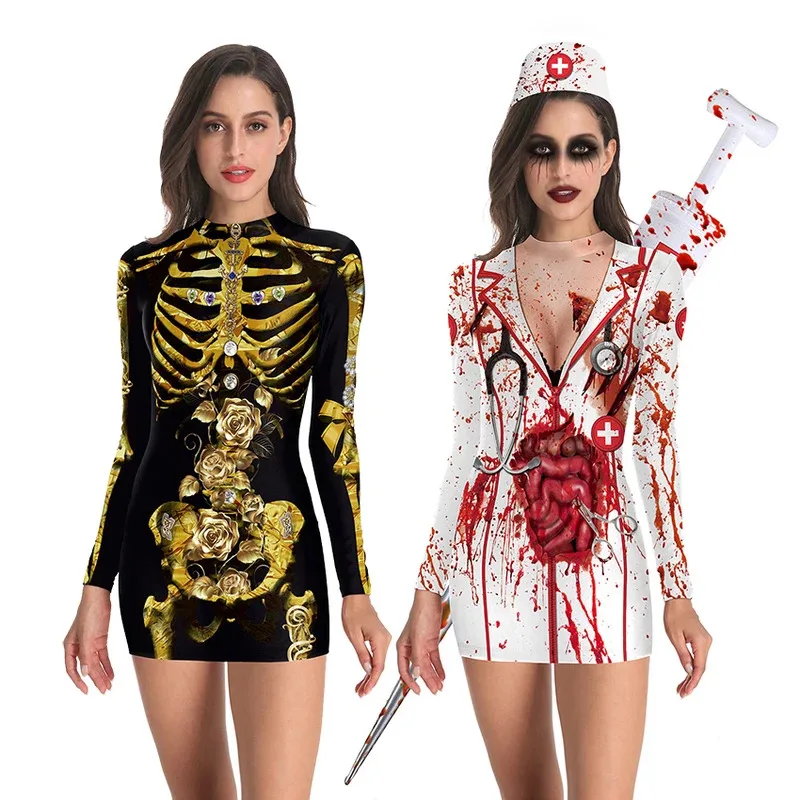 

Scary Nurse Dress Bloody Women Skeleton Skull Horror Terror Halloween Costume for Women Ghost Carnival Masquerade Disguise