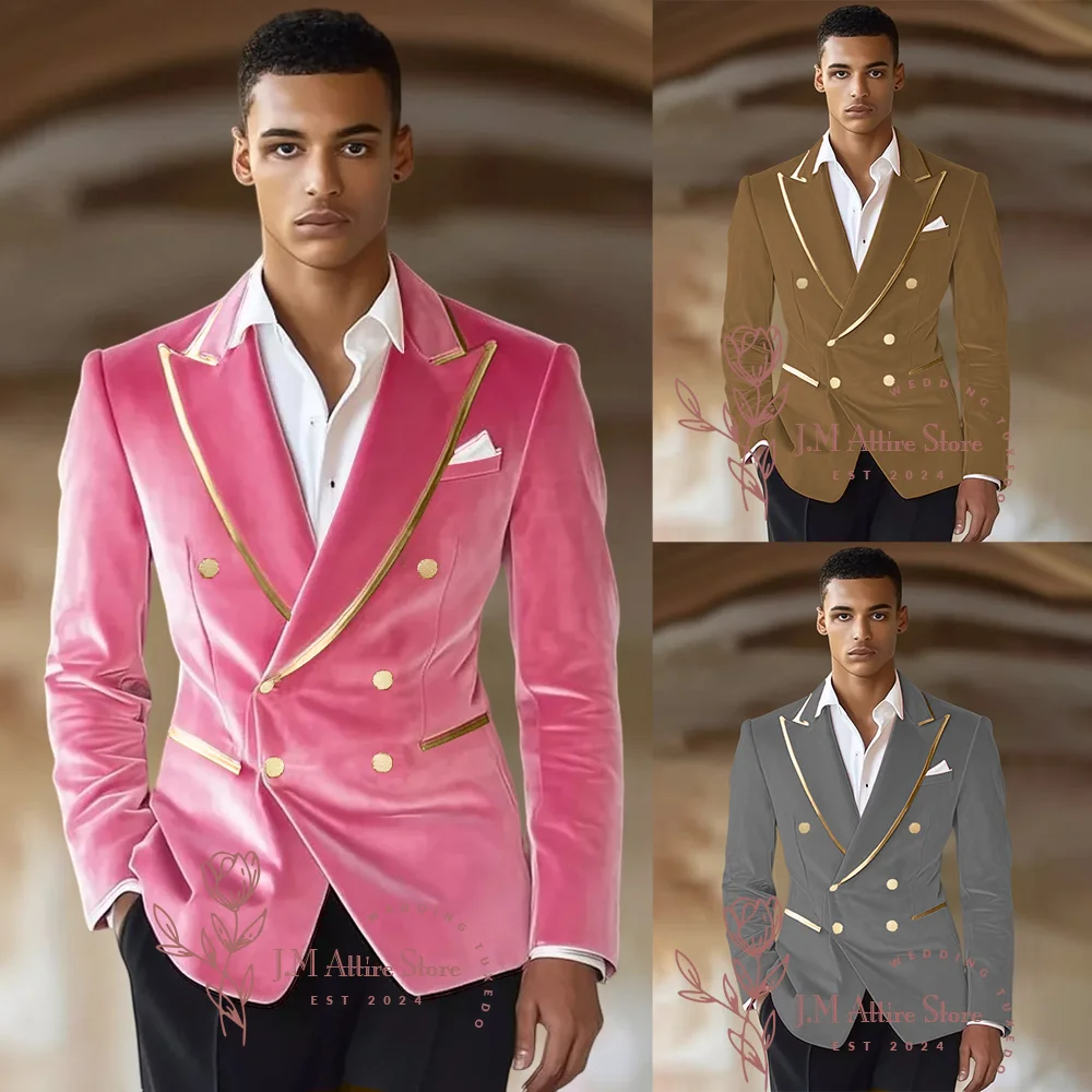 

Men Velvet Suits 2-piece Set Double Breasted Pink Jacket Black Pants Slim Fit for Wedding Prom Groom Dating Party Custom Tuxedo