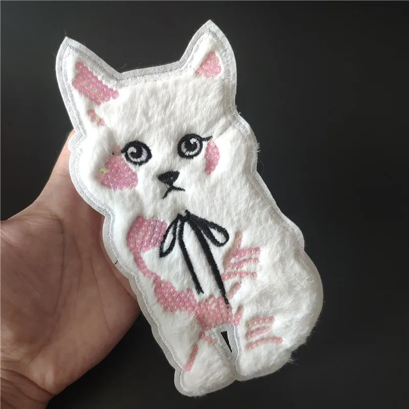 Clothing Women Shirt Top Diy White Cat Patch Animal Sequins deal with it T-shirt girls Sew on Patches for clothes Stickers