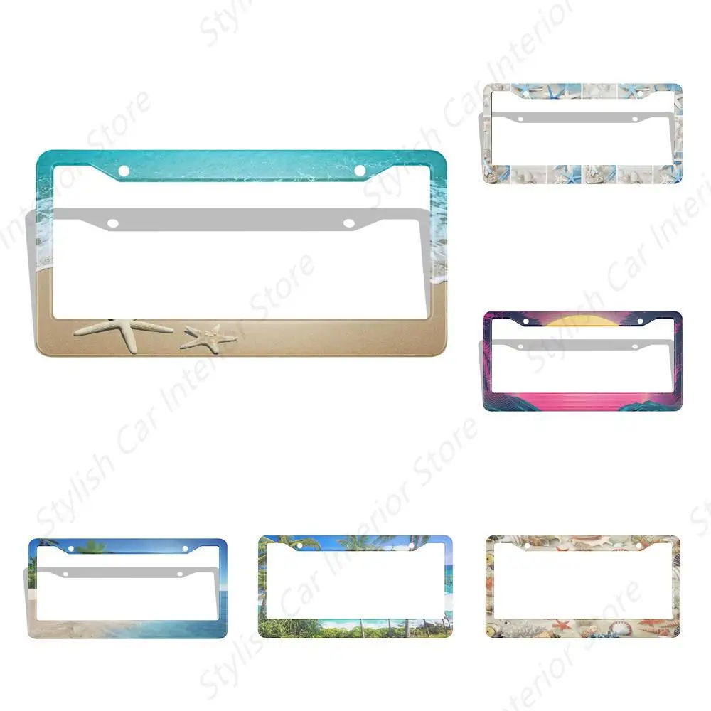 Beach Car License Plate Frame Blue Sea Sand Starfish Coast Wave Ocean Water Nature Scenery Metal License Plate Cover Universal