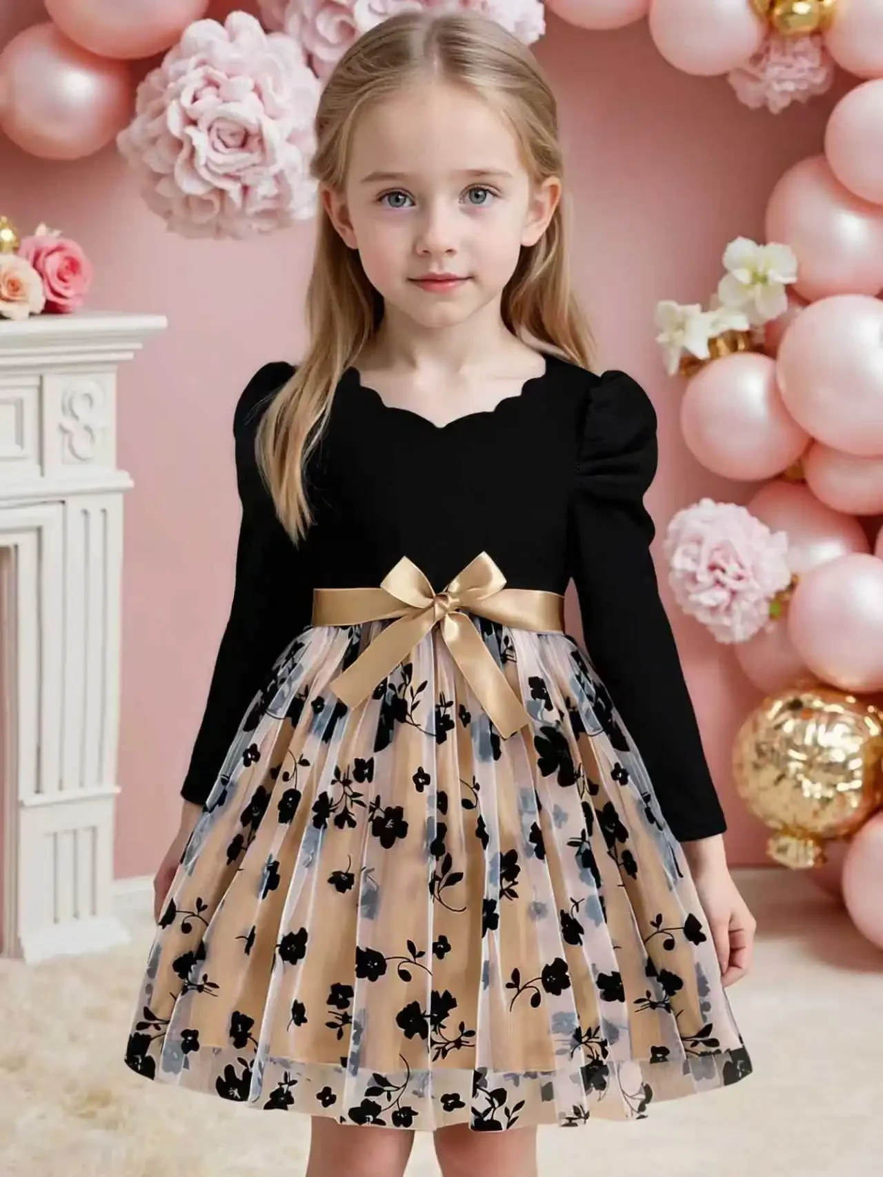 

Детское осеннее платье во французском стиле ретро с v-образным вырезом и пышными рукавами из тюля с цветочным принтом и золотым бантом на поясе, праздничное платье для девочек, элегантный наряд для сбора