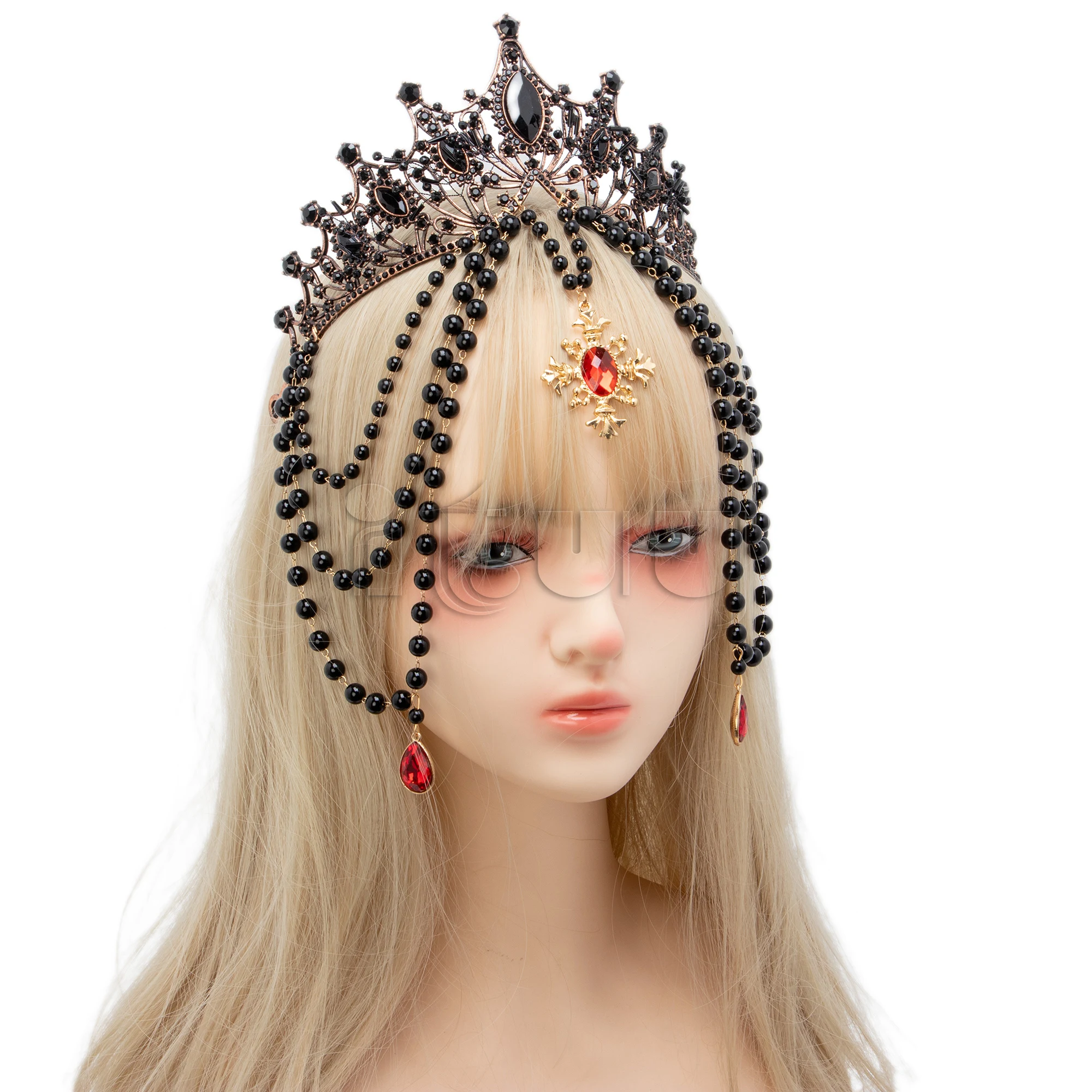 Lolita Gorgeous Vintage Mary Baroque Tiara Black Bead Chain Goddess Sun Bride KC Crown Halloween Cosplay Headwear
