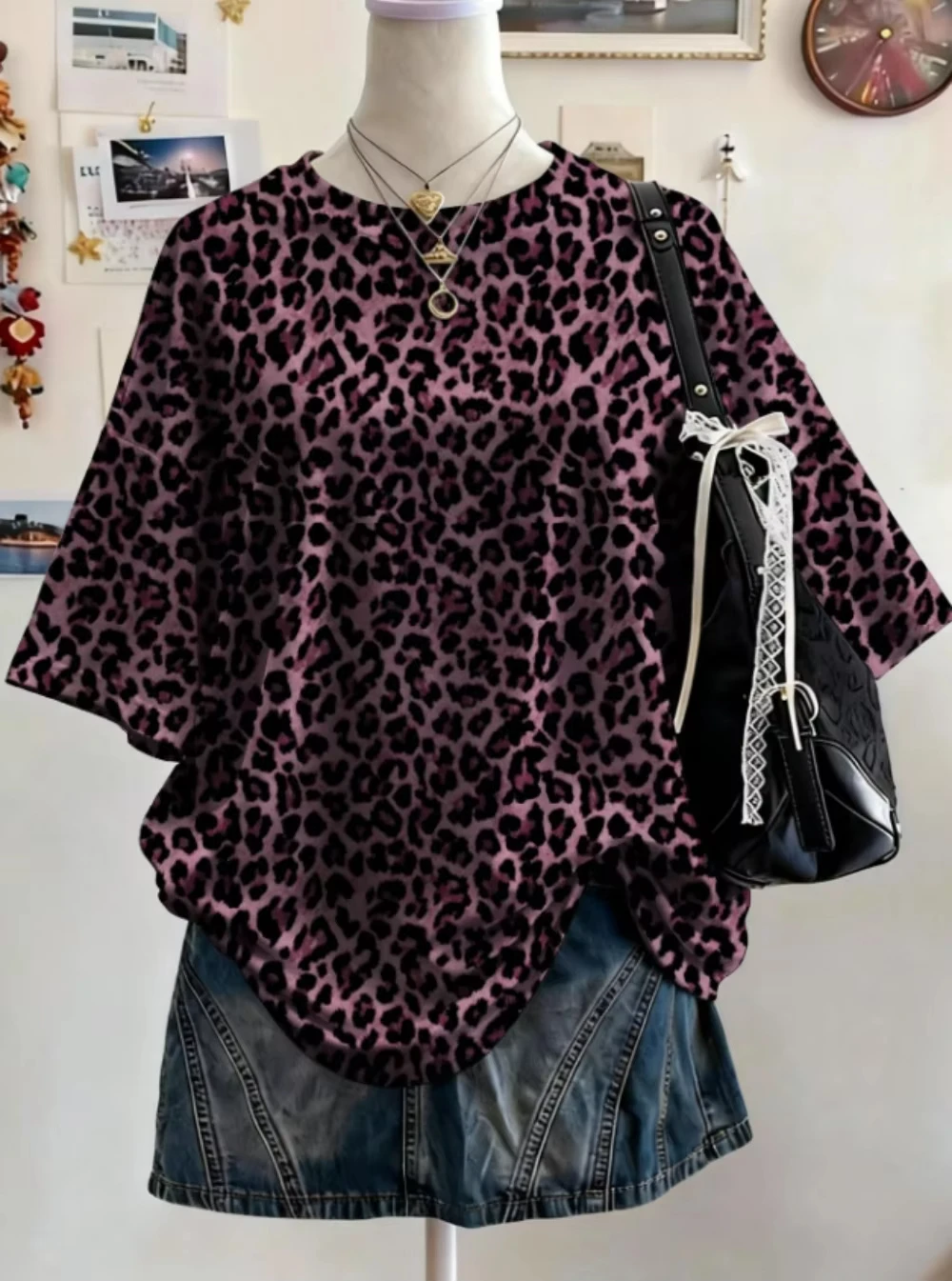 2026 Sommer Y2K Leopardenmuster Lässiges Oversized Rundhals Drop-Shoulder Damen Kurzarm T-Shirt Street Casual Sport-Top – Detail 9