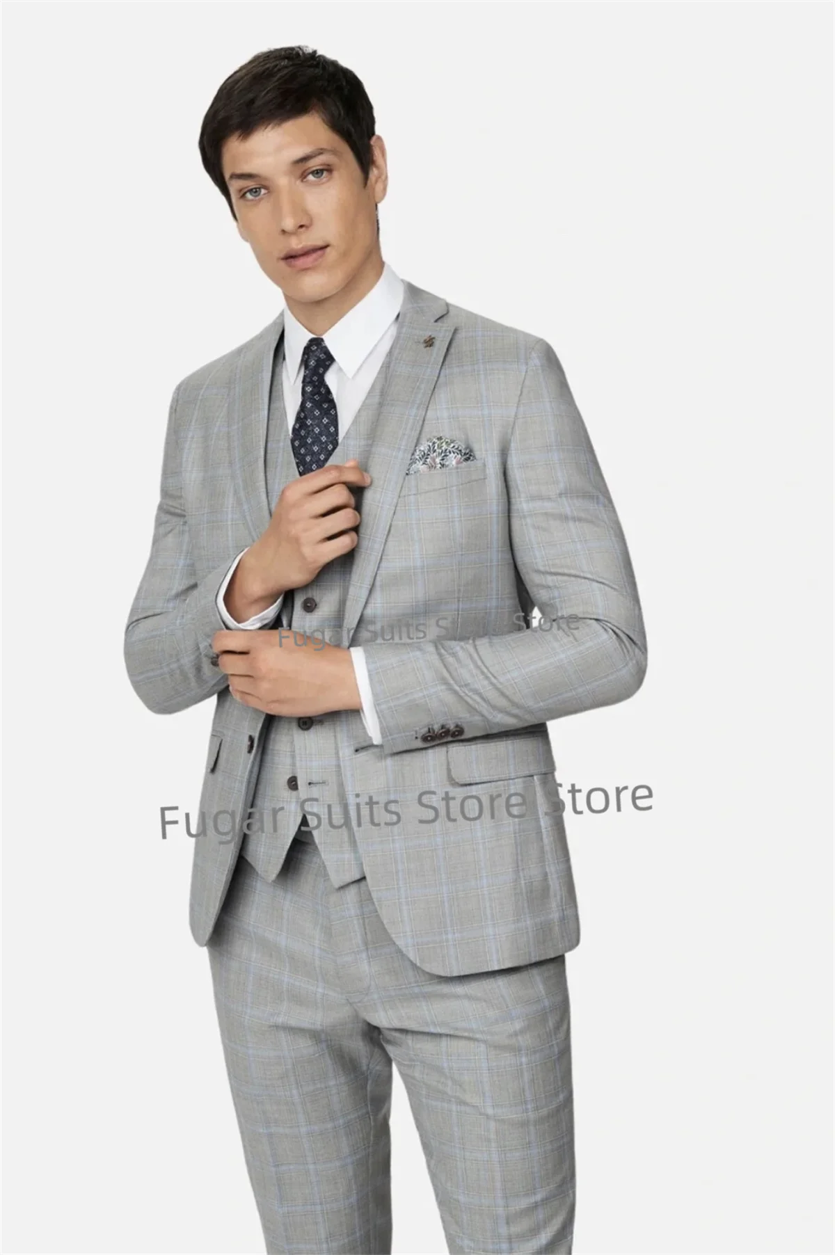 

Classic Gray Plaid Wedding Suit For Men Slim Fit Notched Lapel Groom Formal Tuxedos 3 Pieces Sets Business Male Blazer Costume