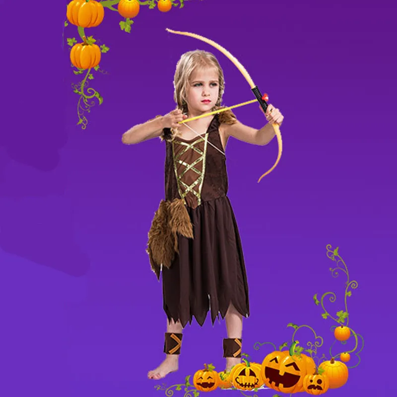 Girls Barbarian Tribes Cosplay Kids Children Halloween Female Hunter Costumes Carnival Purim Parade Role Play Show Party Dress