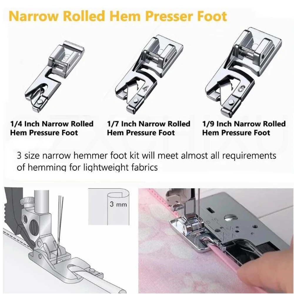 3 PCS Narrow Rolled Hem Sewing Machine Presser Foot Set for Household Multi-Function Sewing Machines Accessories (3mm, 4mm, 6mm)