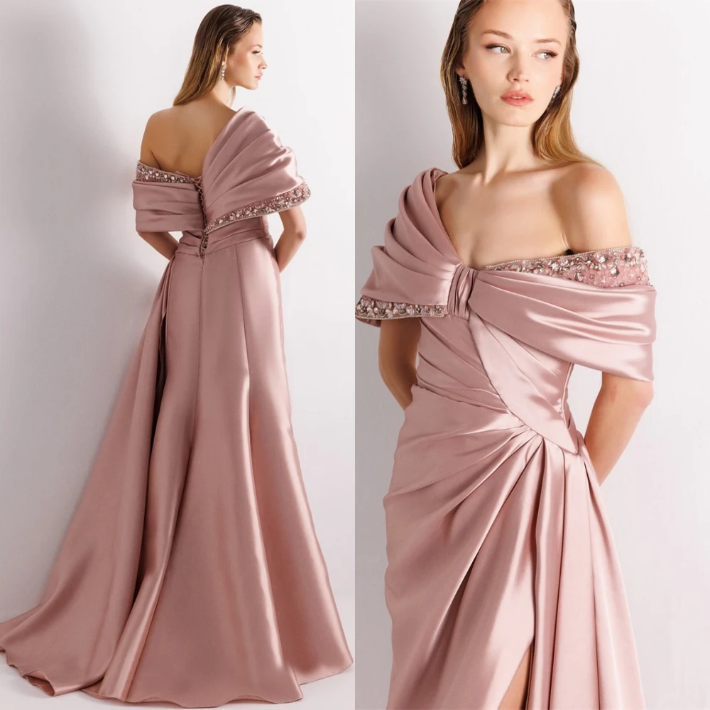 Vestido de noche elegante personalizado de satén con hombros descubiertos, vestidos de graduación con abertura lateral exquisitos, vestidos para ocasiones especiales de lujo