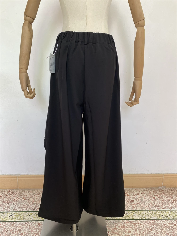 Women’s Slanted Button Design Solid Color Wide Leg Pants Vintage 90s Style Black Suit Pants Casual Female Loose Thin Trousers
