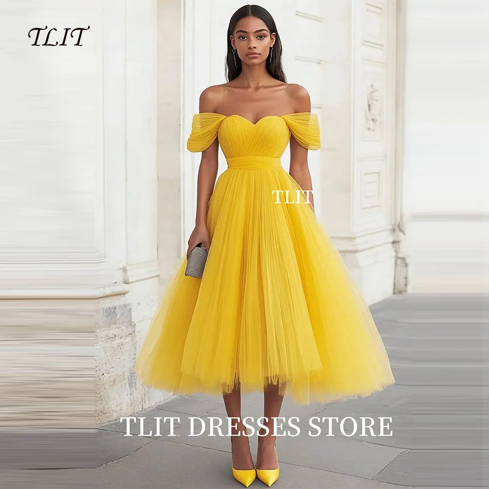 

TLIT 2025 Sexy Leaves Yellow Tulle Short Evening Dresses Sweetheart Off the Shoulder Cocktail Dresses Customize فستان سهرة نسائي