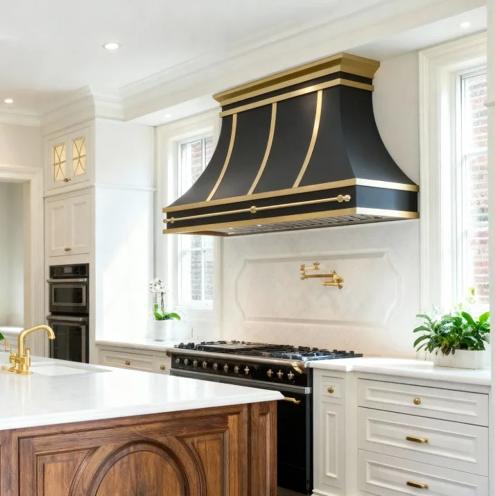 Custom Modern French Style Black Stainless Steel Range Hood Brass Crown Straps Rivets Pot Rail Wall Mounted Kitchen Vent Hood