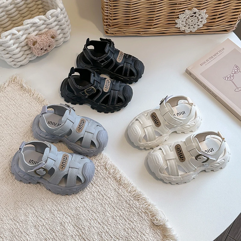 

Kids'Casual Shoes Sandals PU Leather Solid Color Summer Shoes For Children Breathable Anti-slip White Black Shoes Size 21-30