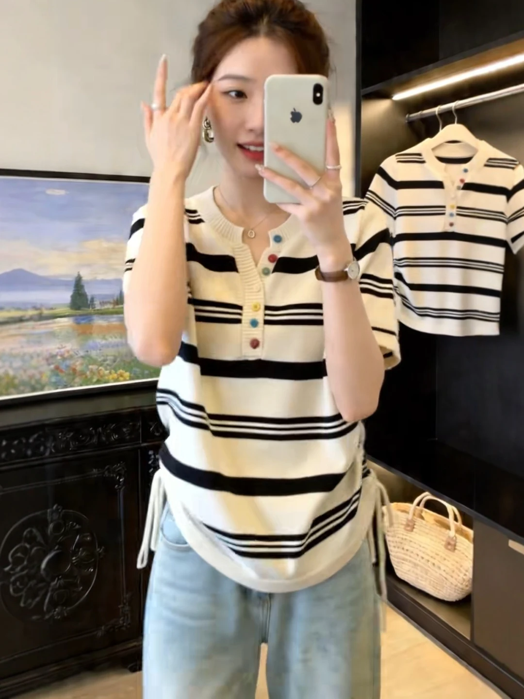 French Style V-Neck Knitwear Short Sleeve Women's T-Shirt Summer plus Size Drawstring Casual Striped Top for plus Size Ladies