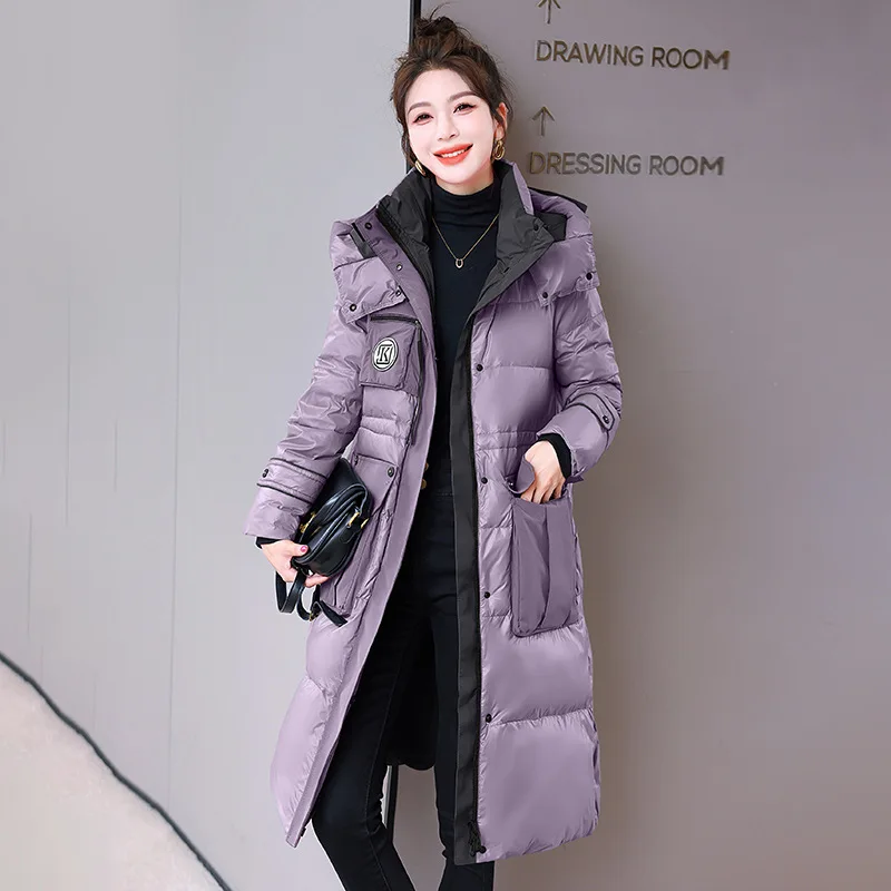 

Women's Down Jacket 2024 Winter New 90 White Duck Down Hooded Knee-length Splicing Fashion Color Collision Thickened Warm Jacket