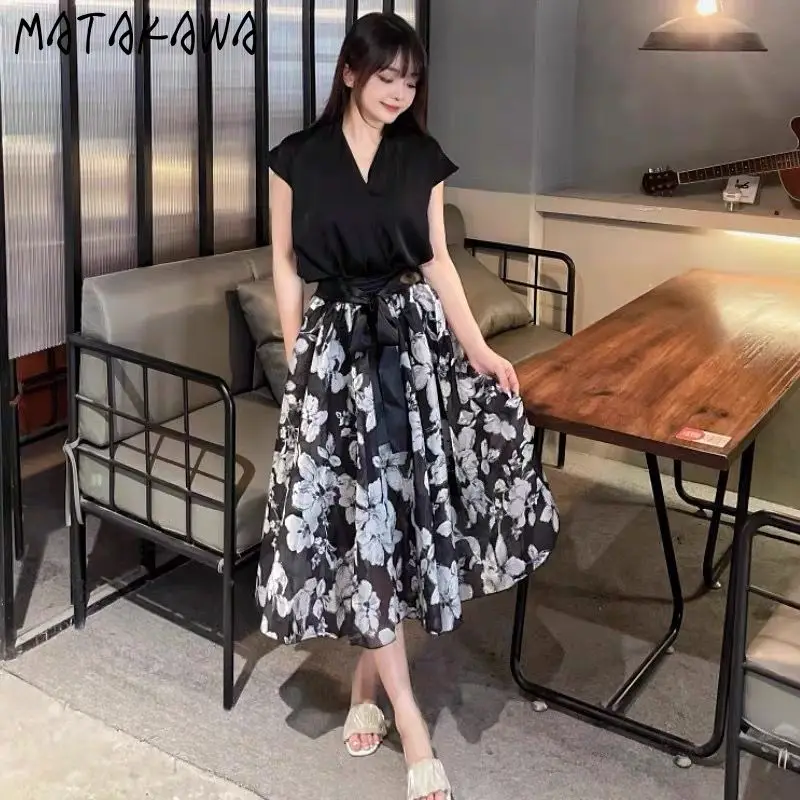 

Matakawa Gauze Skirts Women Print Floral A-line Spring Summer Sweet Long Skirt Bows French Style Vintage Elegant Jupe Femme