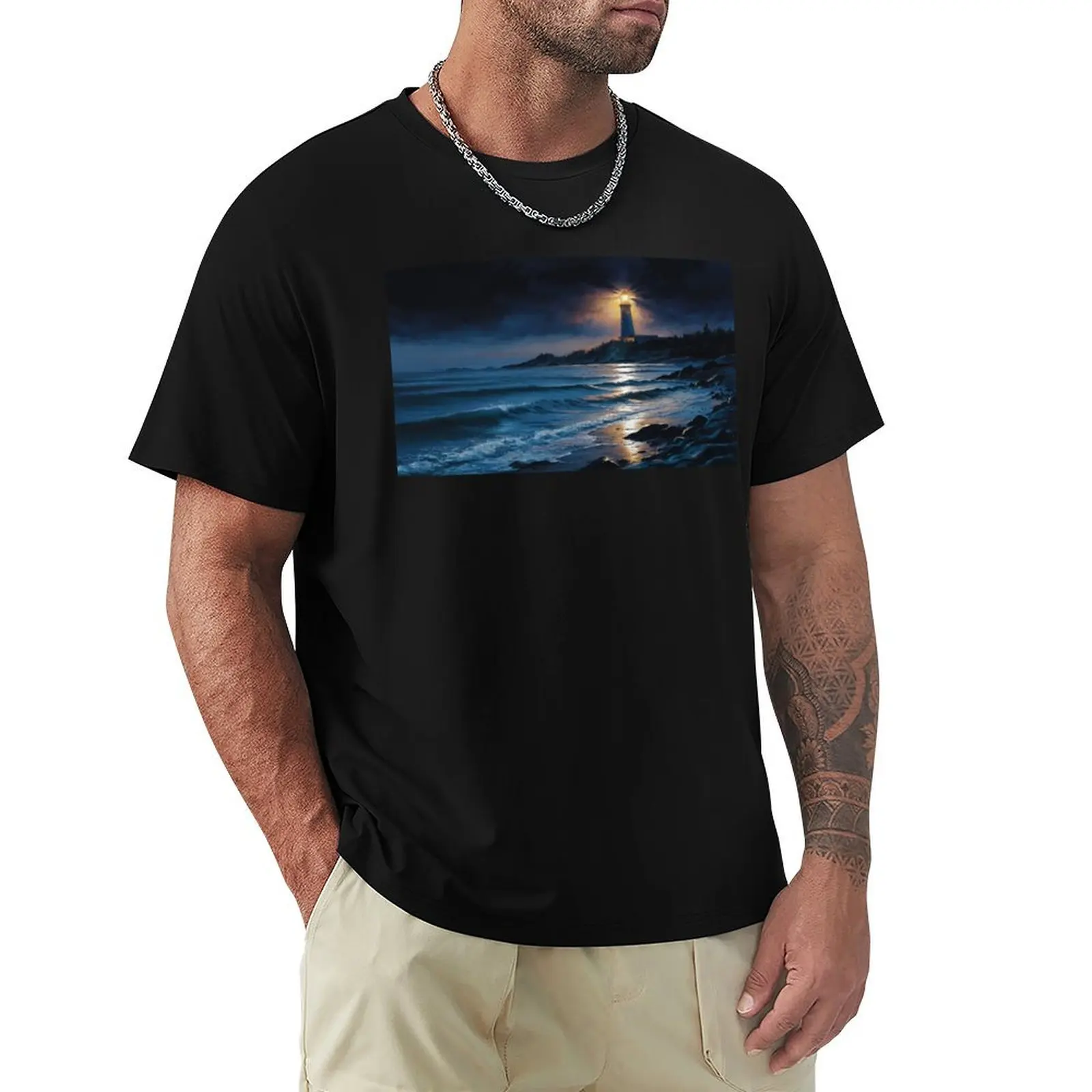 Beacon of Light Pierces the Coastal Darkness T-Shirt man t shirt cotton T-Shirt