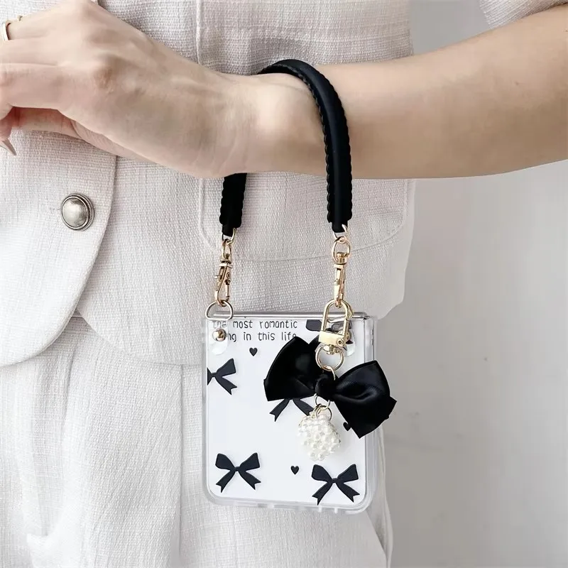 

Fashion Cute Bow ,Flower,Love, Transparent Phone Case For Samsung Galaxy Z Flip 3 4 5 6 7 Shockproof Protect Cover Handheld Rope
