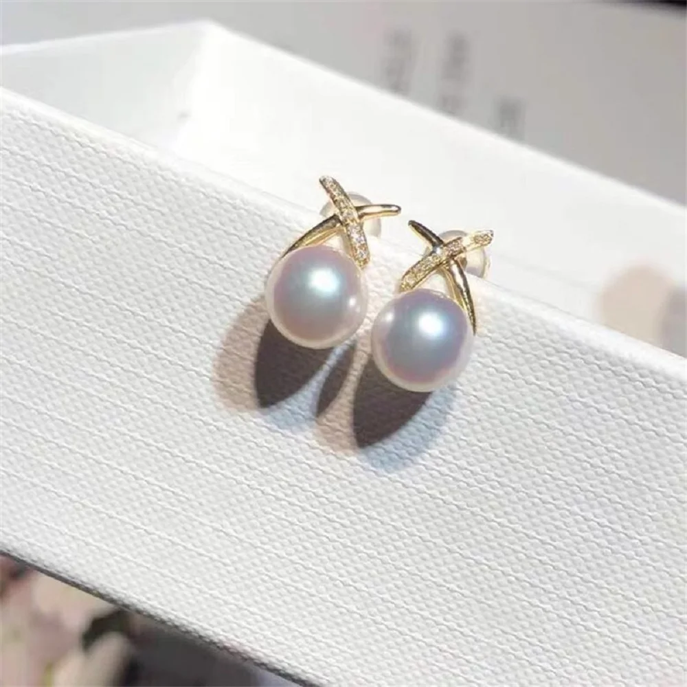 Pearl 18K gold coated copper thick gold-plated classic cross style S925 silver needle earrings 7-8mm