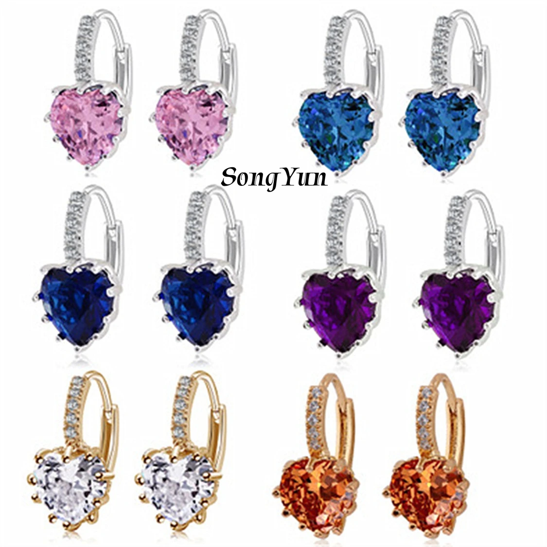 

SY Luxury Jewelry 925 Sterling Silver Earrings Heart Shaped Crystal Ear Clip Multicolor Drop Pendant Earrings Fine Jewelry