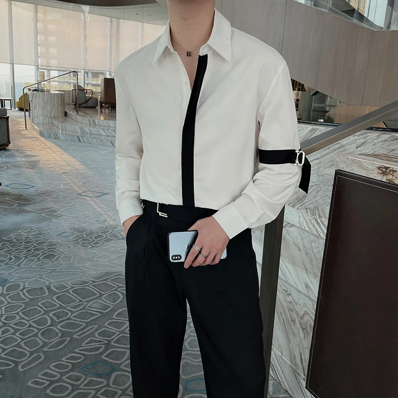 

2022 Men's Wear Trendy Personality Night Club Party Clothing Long Sleeve Male White and Black Patchwork Shirts