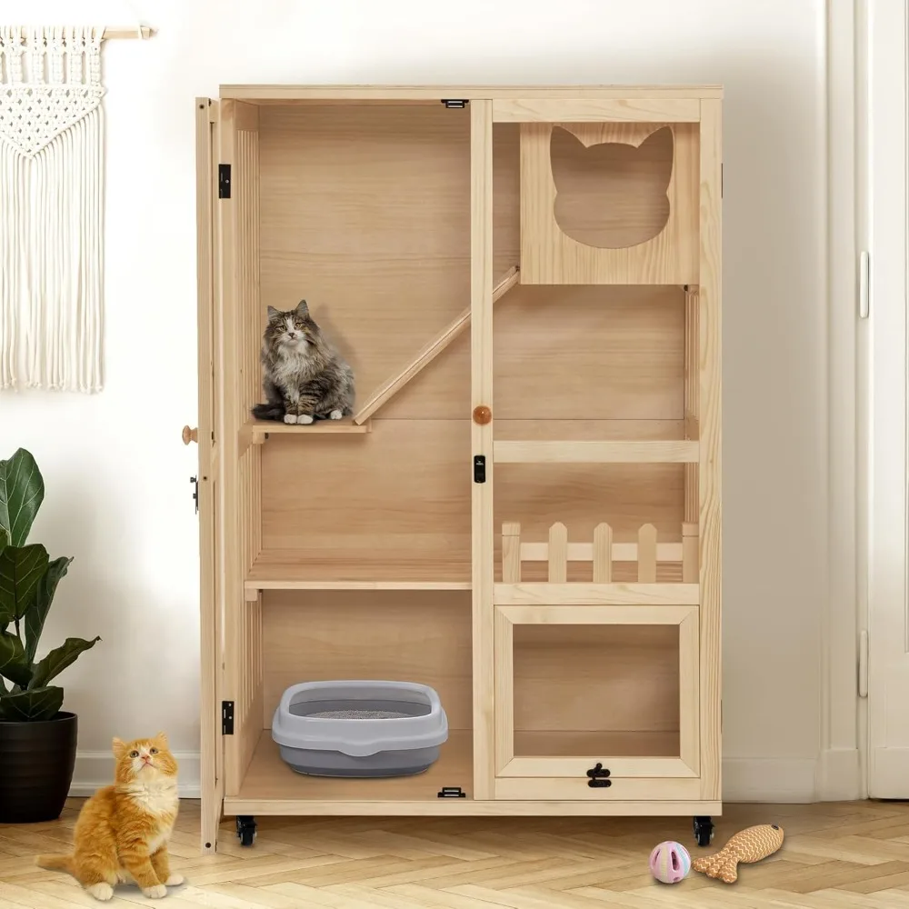 Wooden Cat Houses for Indoor Cats, Luxury Cat House with Scratching Pad, Lockable Doors, Wheels