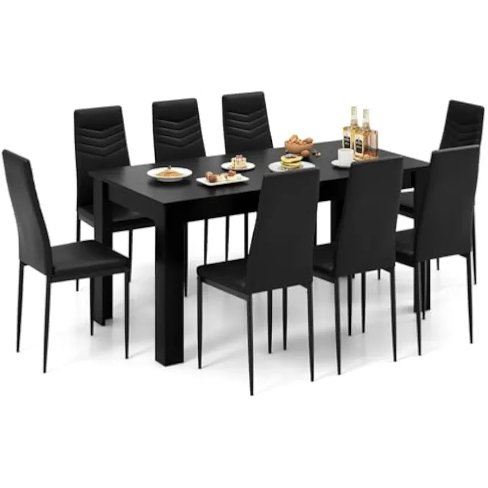 Dining Table Set for 8, Modern Rectangular Kitchen Table Set w/ 8 PVC Leather Dining Chairs