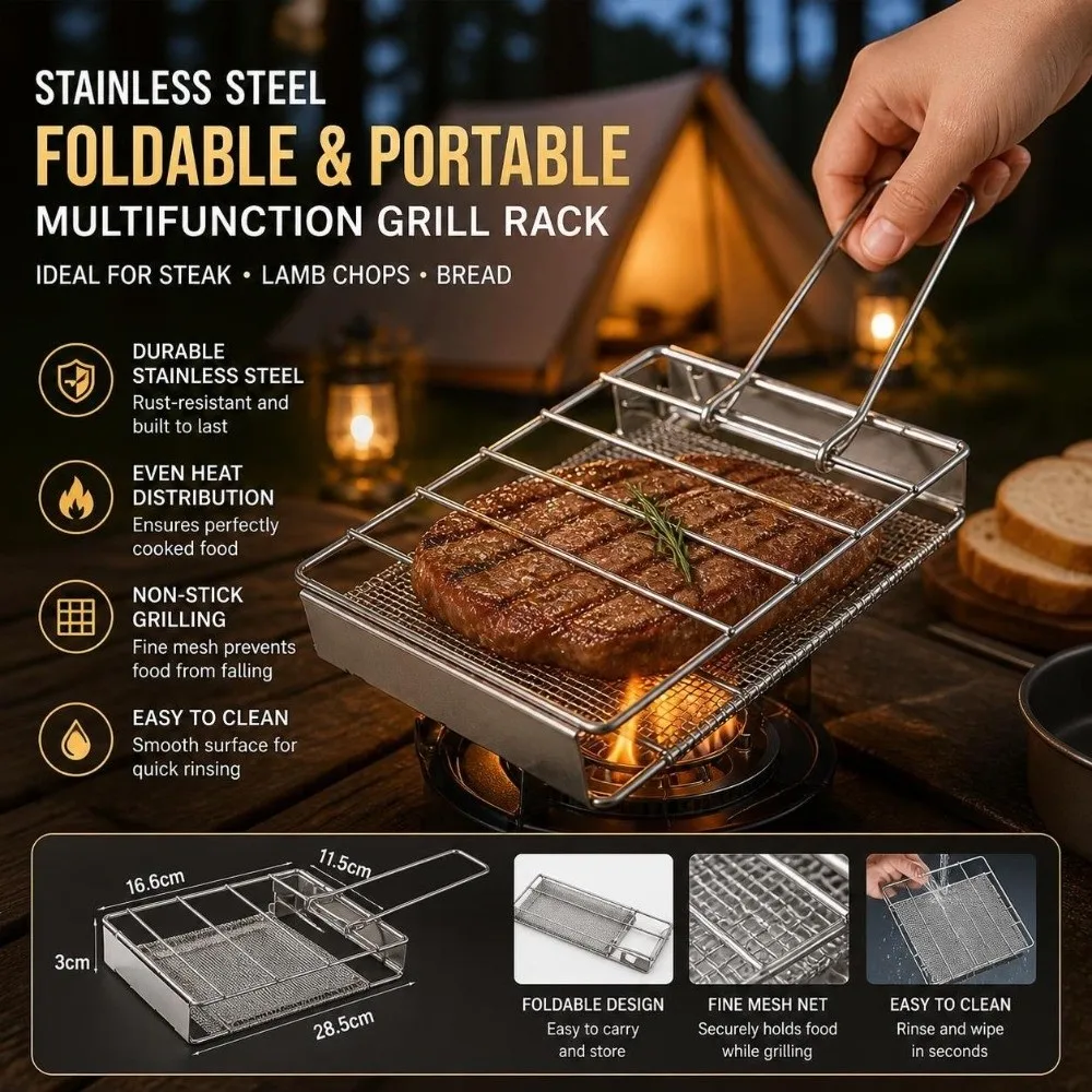 Stainless Steel Outdoor Toast Toaster Rack Handheld Foldable Toast Bread Grill Rack Rectangular Bread Rack Barbecue Party