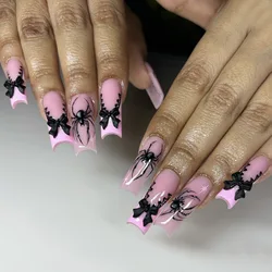 Uñas postizas con diseño de Halloween, uñas largas de Ballet a presión con perla, usable, ataúd, uñas cuadradas francesas para dedos, 24 piezas