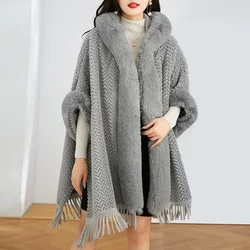 Women Winter Thick Velvet Faux Fur Long Collar Cardigan Striped Overcoat With Hat Loose Poncho Capes Oversize Cloak Streetwear