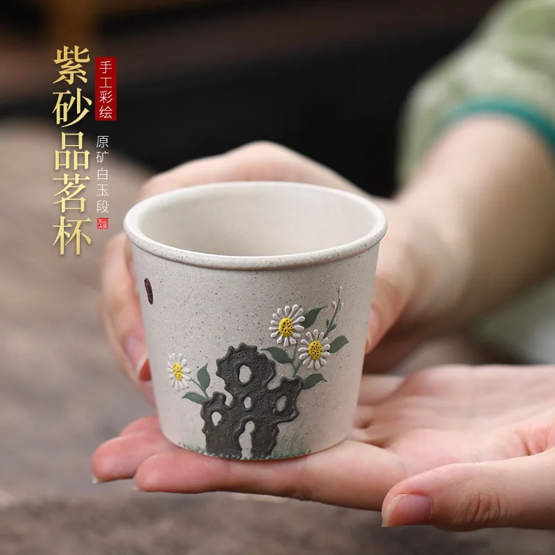

White Jade Section Purple Clay Cup Pure Handmade Powder Clay Painted Peony Magnolia Cup Master Cup Tea Cup