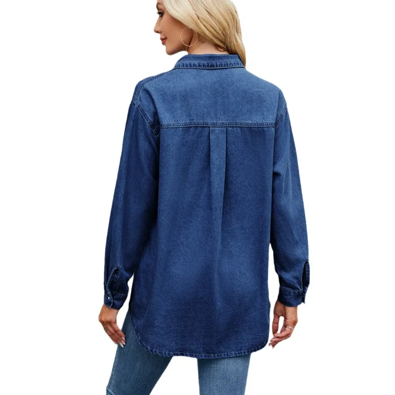 European and American Spring Summer Women's Clothing Amazon Independent Station Washed Adjustable Sleeve Denim Shirt Loose Top