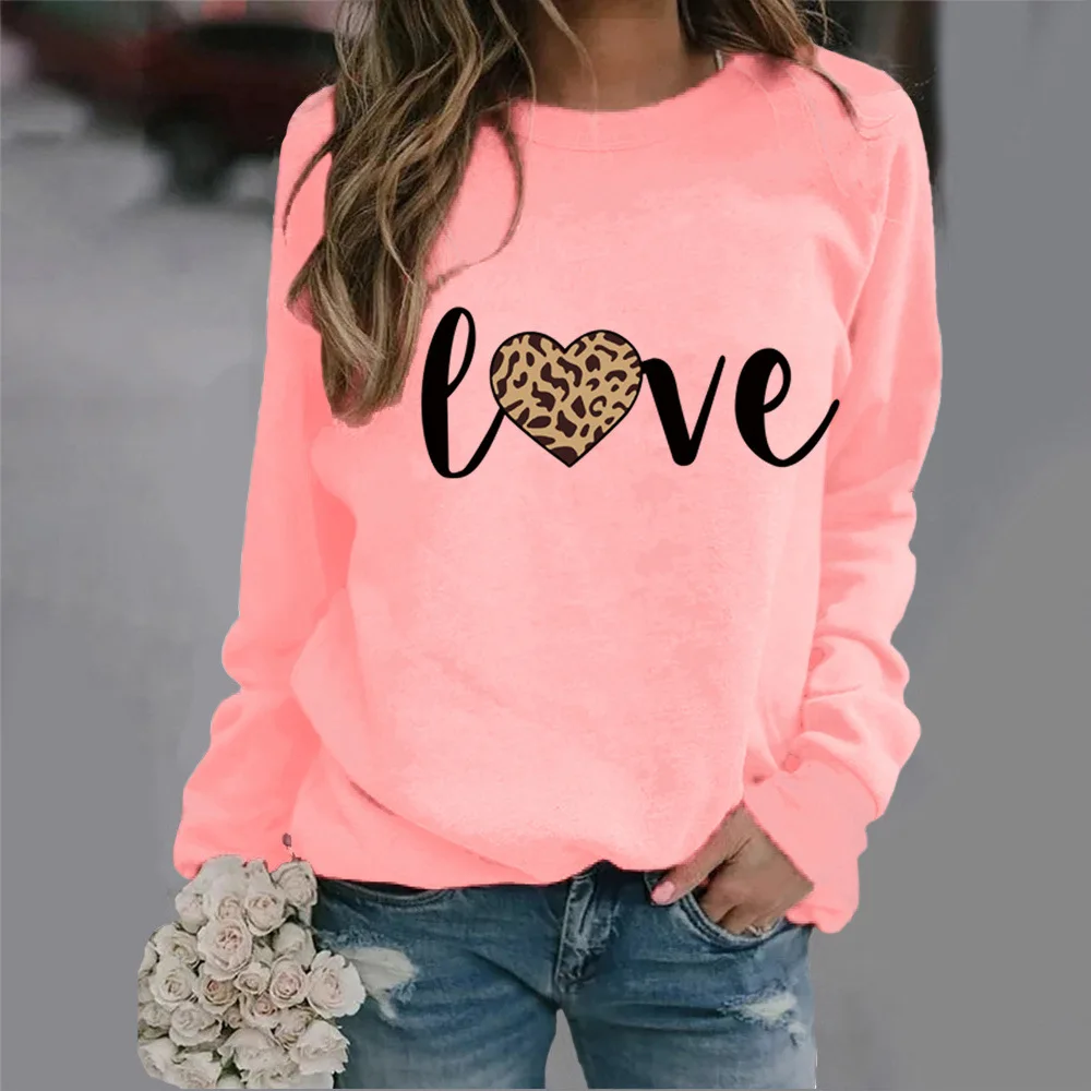 

Crew-neck Hoodie Love Leopard Print Letter Print New European and American Valentine's Day Hot Sales Sweatshirt Aesthetic