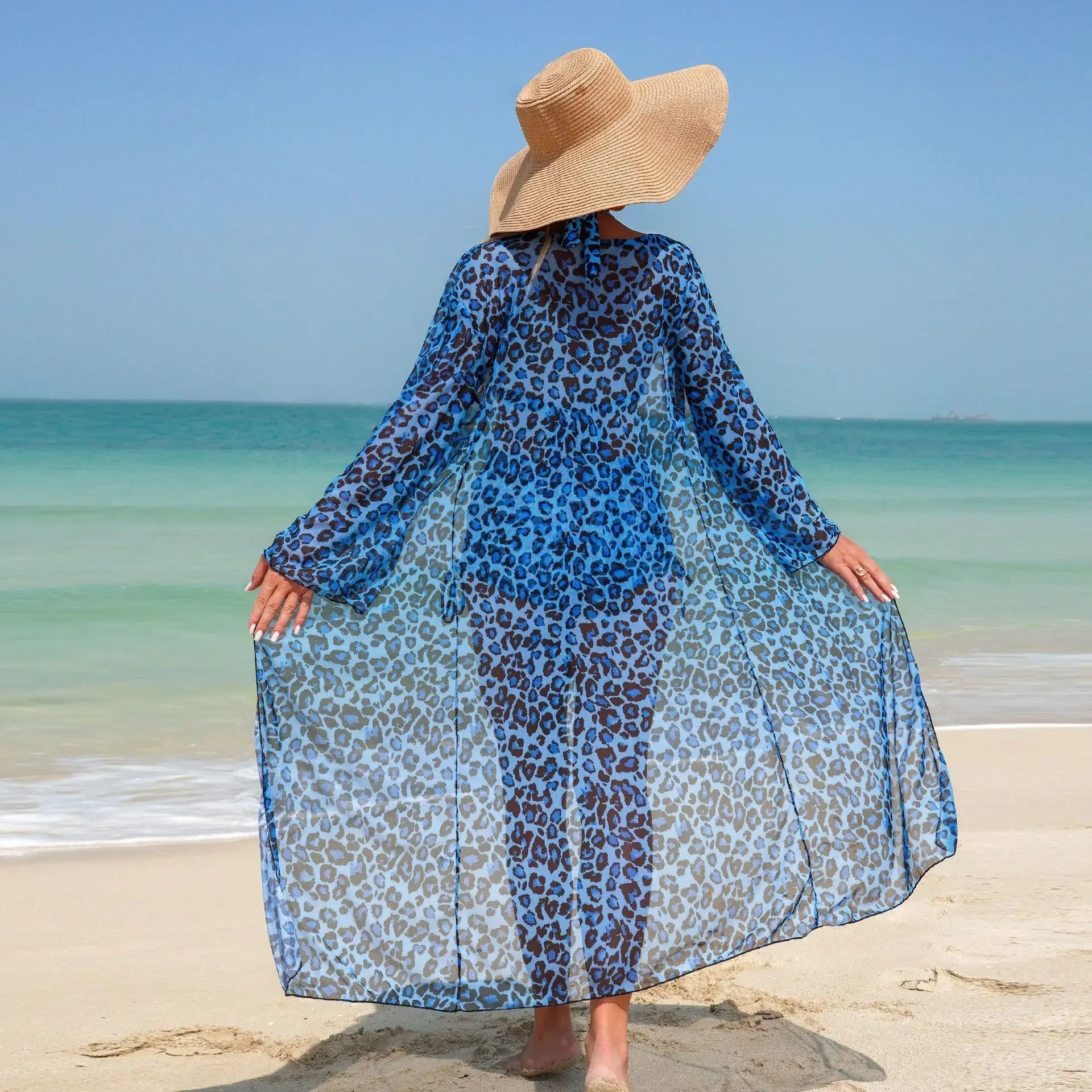 Women's Three Piece Bikini Swimsuit Leopard Print Sheer Mesh Cover-Up Long Sleeve Swimwear Sexy Padded Swimwear Beachwear