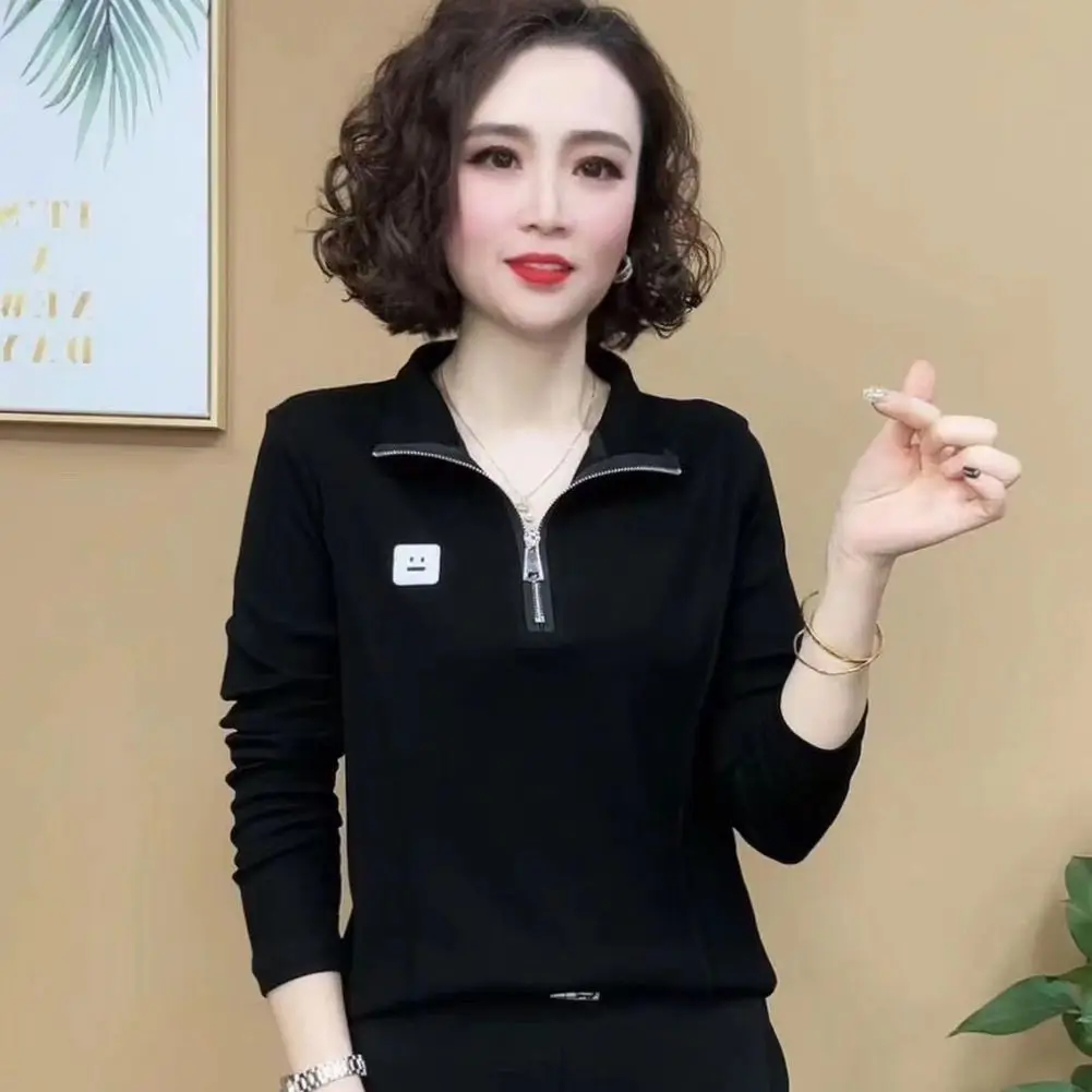 Casual Long Sleeve T-Shirt for Middle-Aged Women Spring Flip Collar Half Zip Mom Clothes Versatile Loose Polyester Top