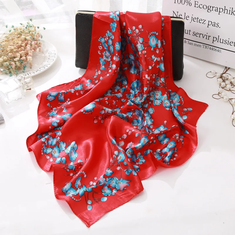 Fashion Blue and White Flower Silk Square Scarf 60*60cm Headband Hairbands Hair Hoop For Women Girl Lady Head Neck Satin Scarf