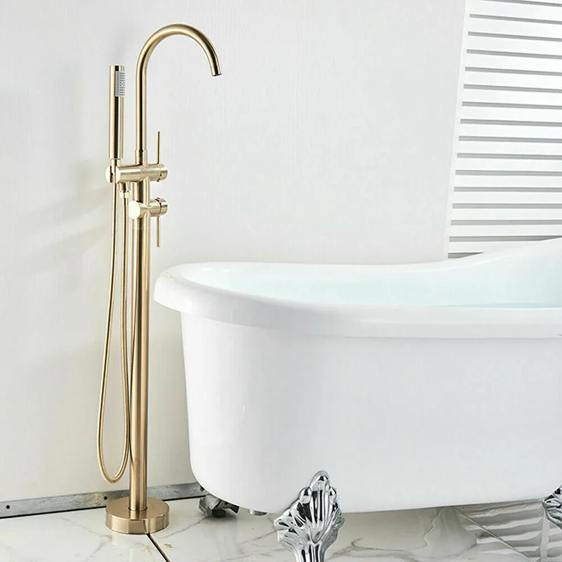 Brushed Gold High Rise Round Pipe Bath Mixer Floor Mounted Bathtub Filler Shower Roman Tub Faucet Set  Stand 