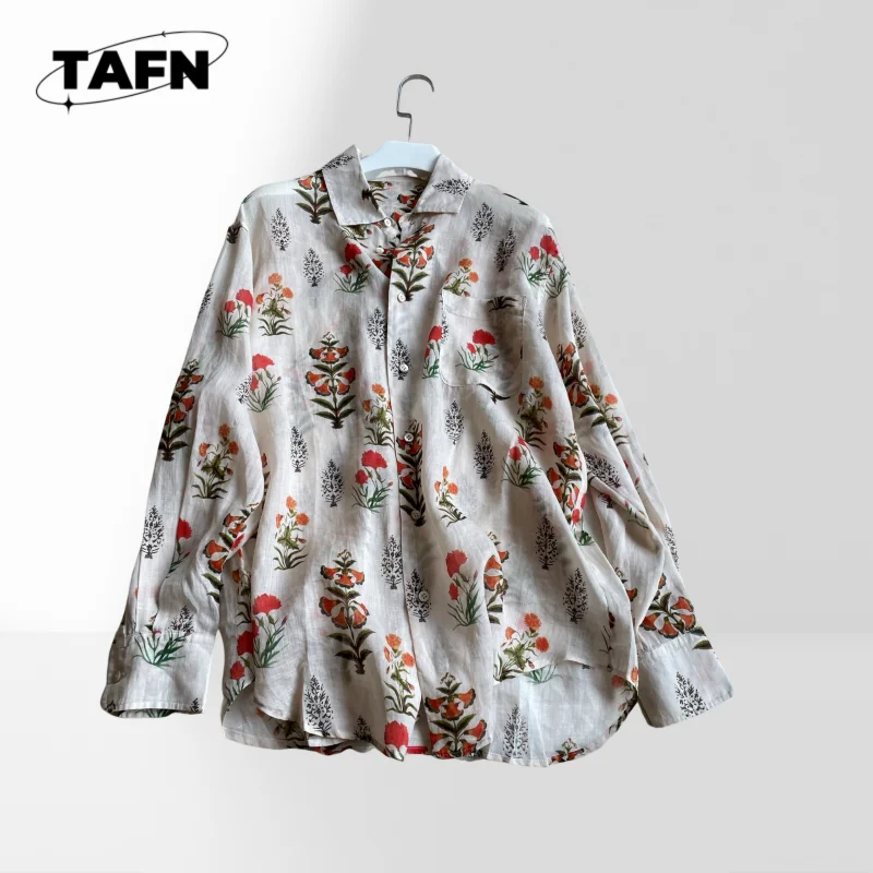 

Ramie Printed Shirt Ladies Ruffle Shirt Elegant Puff Sleeve Chiffon Blouse Women's Linen Shirt Tunic Casual Loose BlouseAH0190