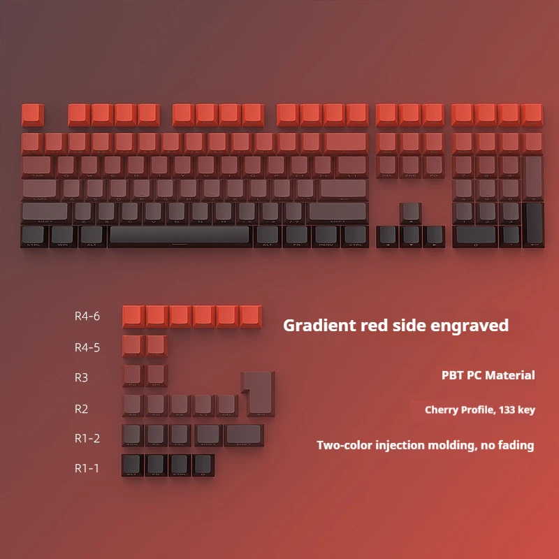 

Gradient red theme keycaps 133 keys Cherry Profile PBT material Suitable for 61 87 98 104 108 key mechanical keyboards